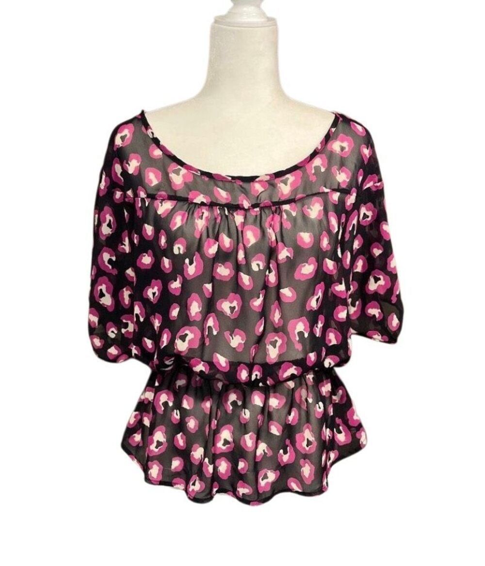 Dina Be pink and deep navy poppy floral semi-sheer blouse with flared waistband-